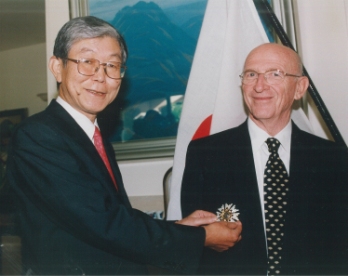 Prof. Ben-Ami Shillony receives ''The Order of the Sacred Treasure, Gold and Silver Star,'' from the Japanese ambassador, bestowed on him by the Emperor of Japan.