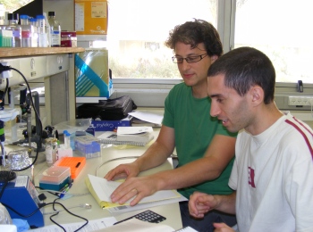 Dr. Sebastian Kadener (left) with his student, Uri Weissbein. (Hebrew University photo)
