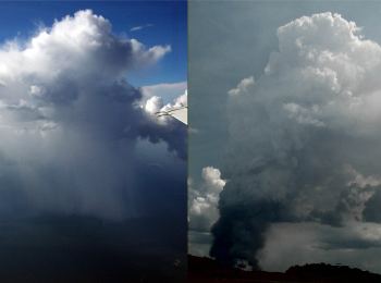 Smoke from agricultural fires suppresses rainfall from a cloud over the Amazon (right). A similar size cloud (left) rains heavily on the same day some distance away in the pristine air. (Hebrew University photo)